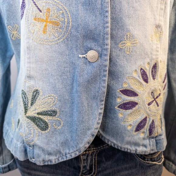 Clio Womens Size 12 Denim Jacket Vintage Floral Embroidered Light Wash Retro - Picture 7 of 9